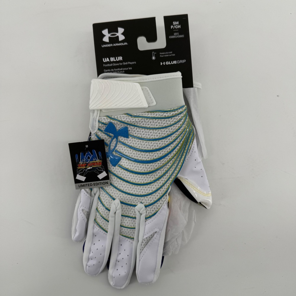 Under Armour UA Blur Football Gloves Mens Small White Blue Top Speed 1360947-100